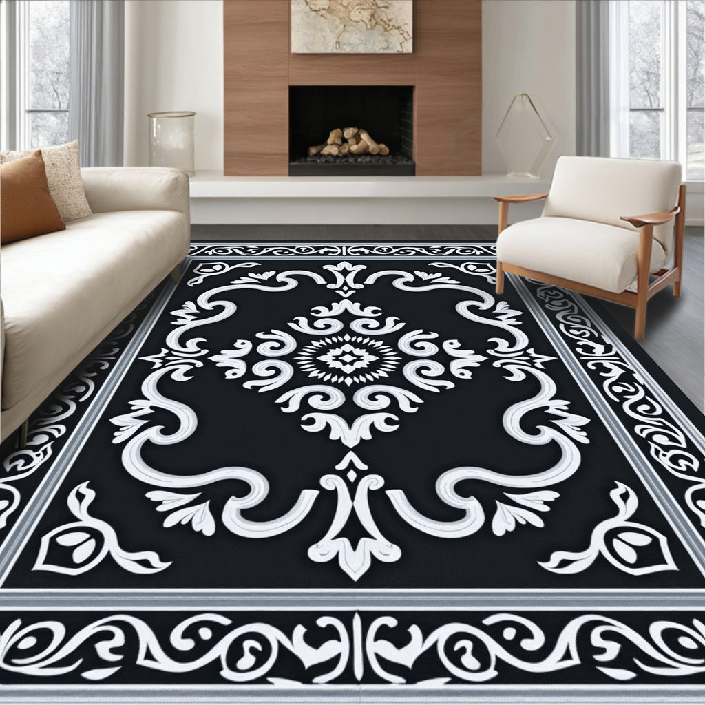 Ornate Black White Scrollwork Medallion Rug