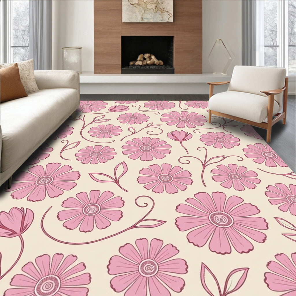 Pink Floral Meadow Swirls Rug