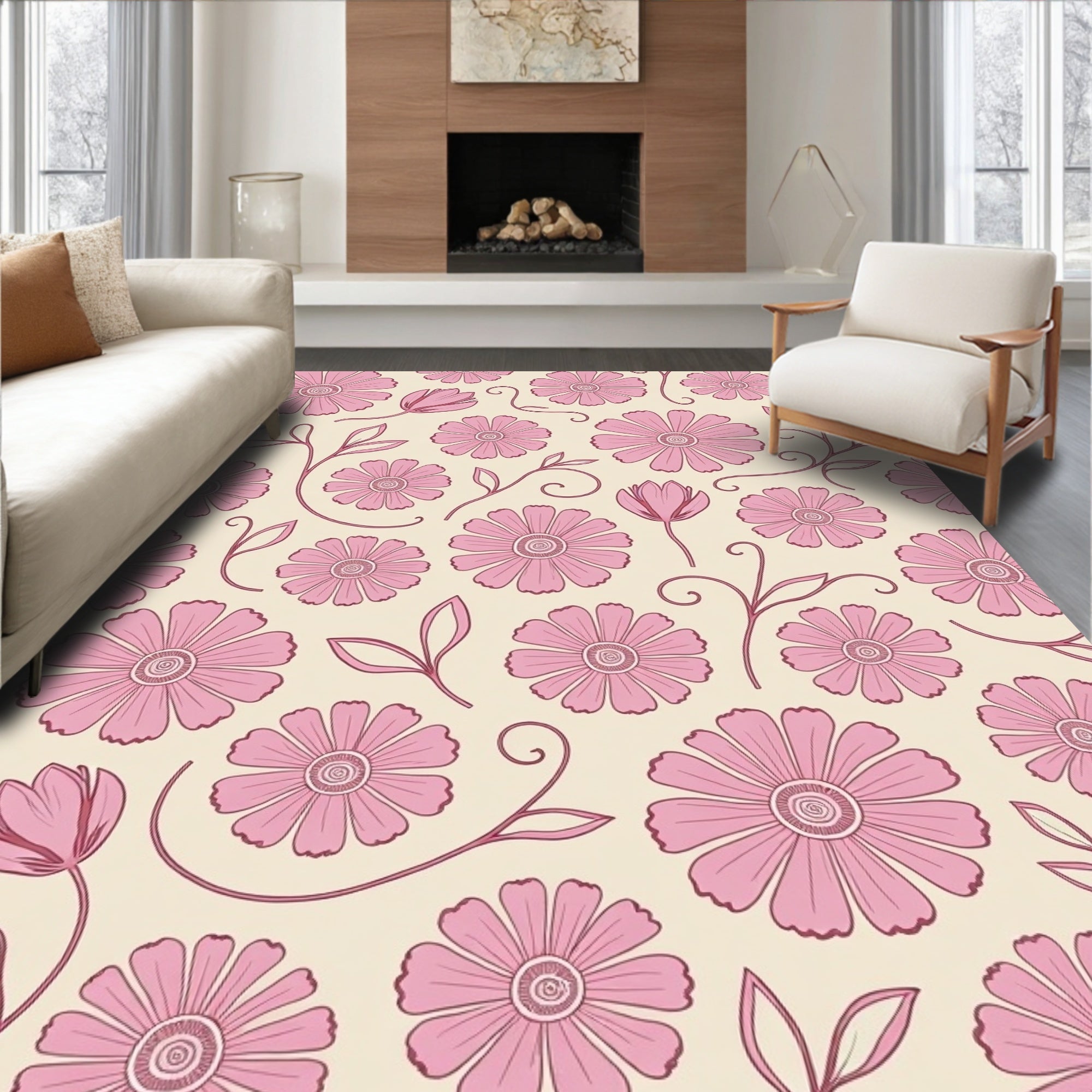 Pink Floral Meadow Swirls Rug
