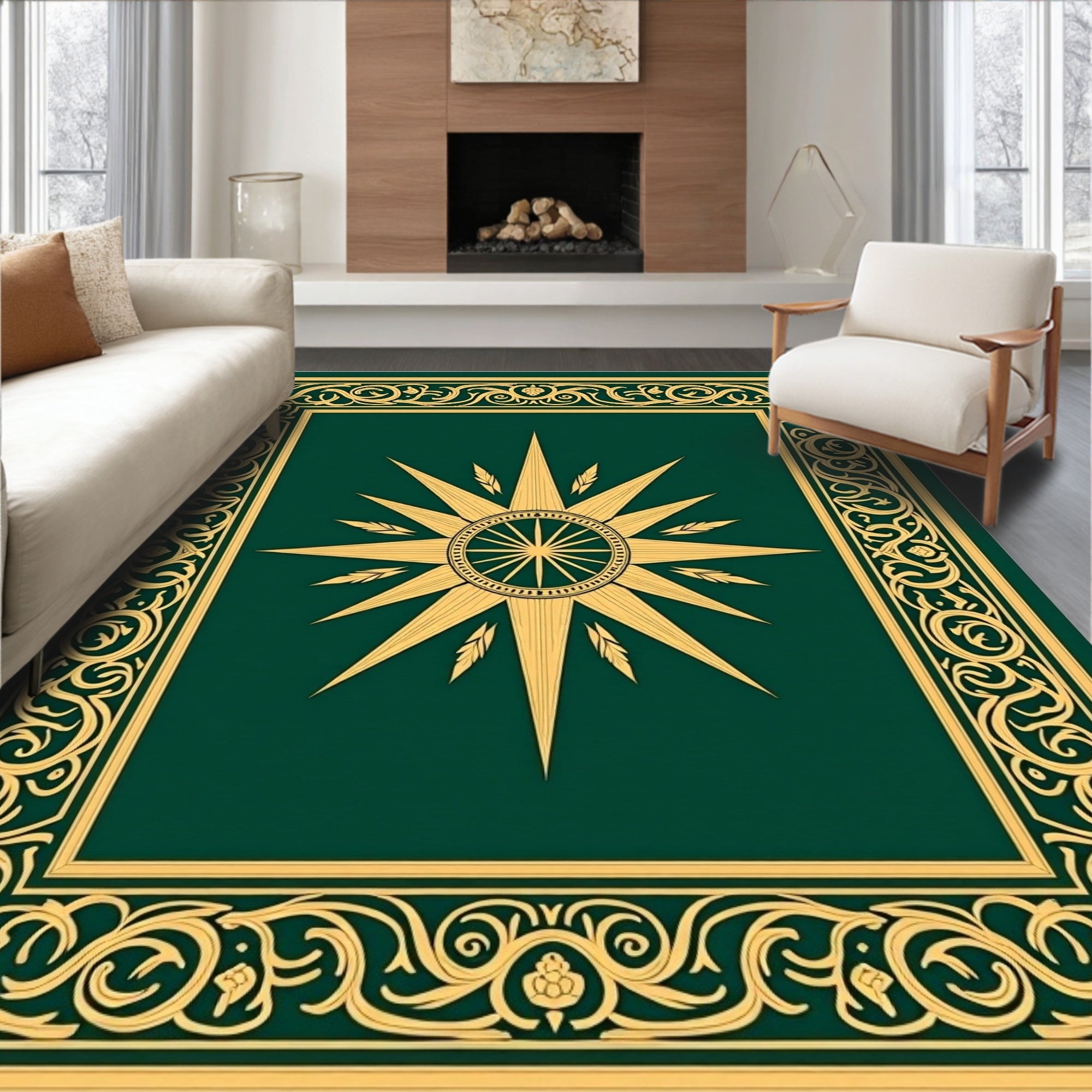 Emerald Gold Sunburst Scroll Border Rug