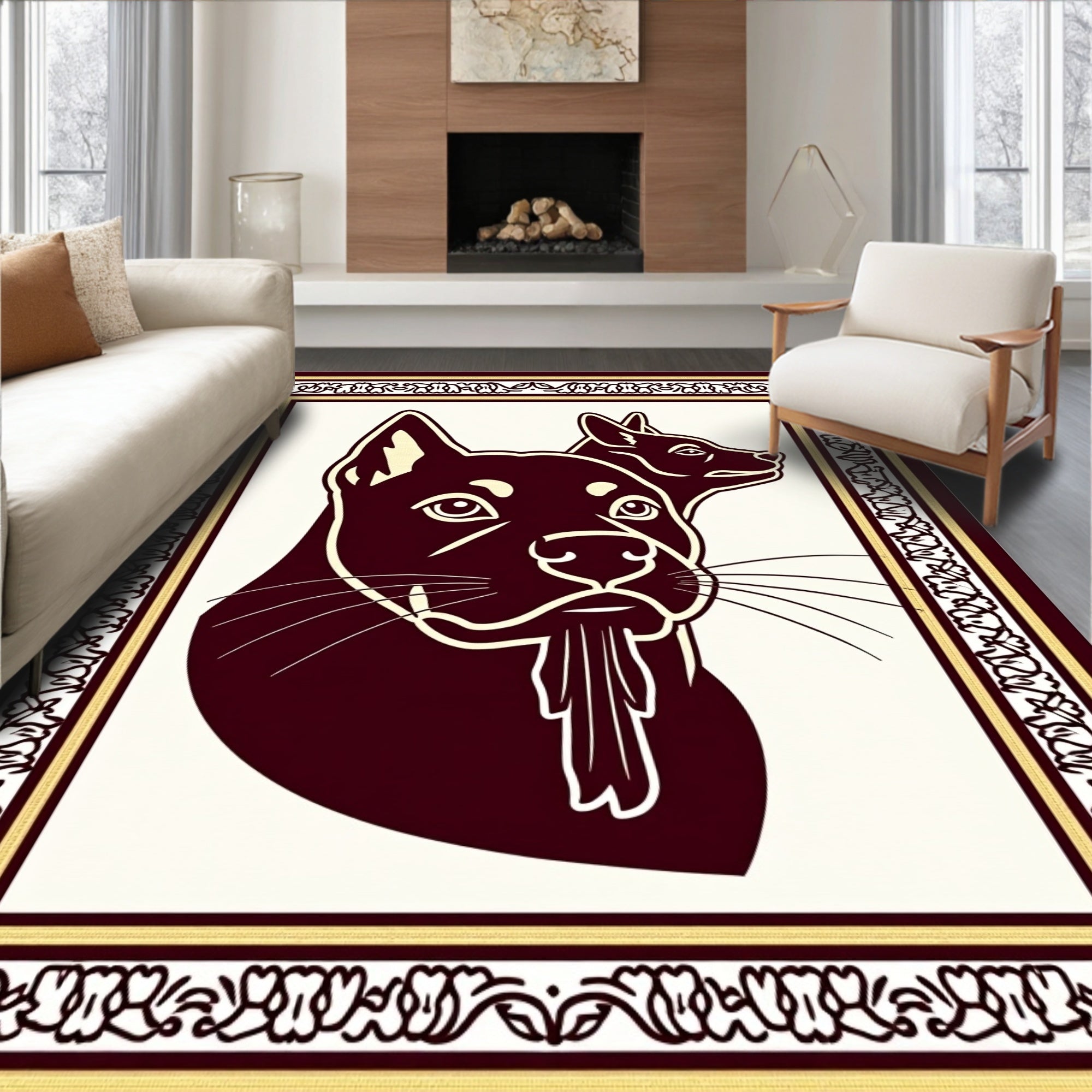 Dark Burgundy Twin Dogs Portrait Rug