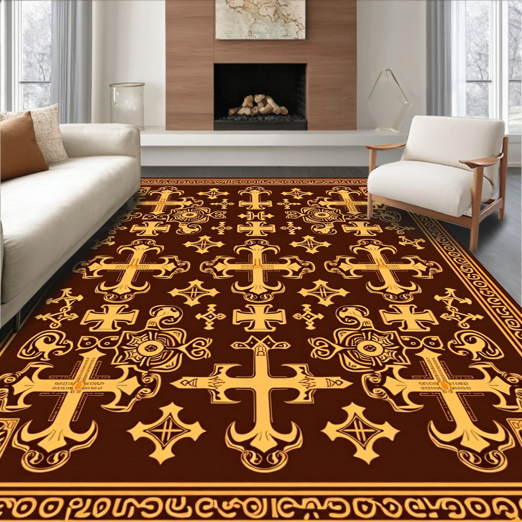 Ornate Gold Crosses Brown Border Rug