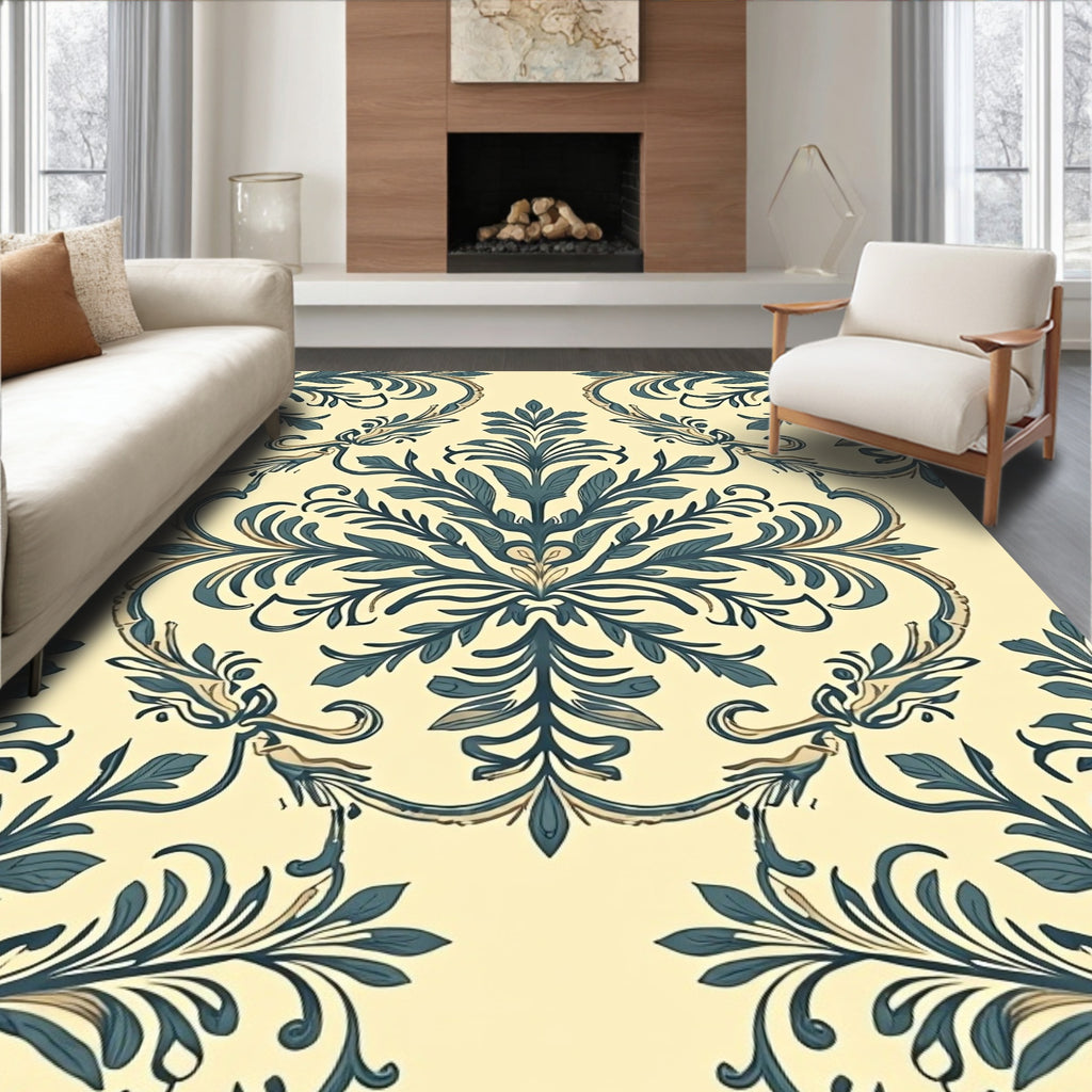 Cream and Teal Damask Floral Scroll Rug