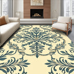 Cream and Teal Damask Floral Scroll Rug