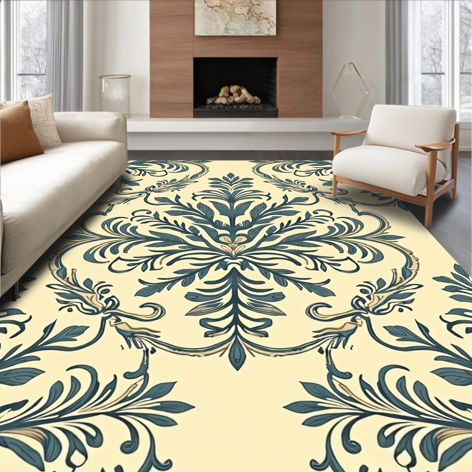 Cream and Teal Damask Floral Scroll Rug
