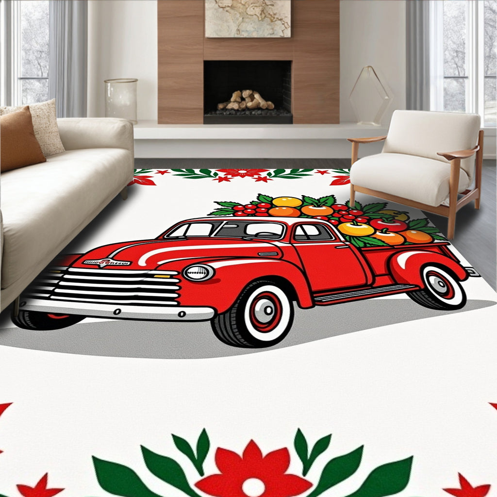 Red Vintage Truck Fruity Garland Rug