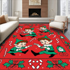 Whimsical Elves Candy Cane Christmas Red Rug