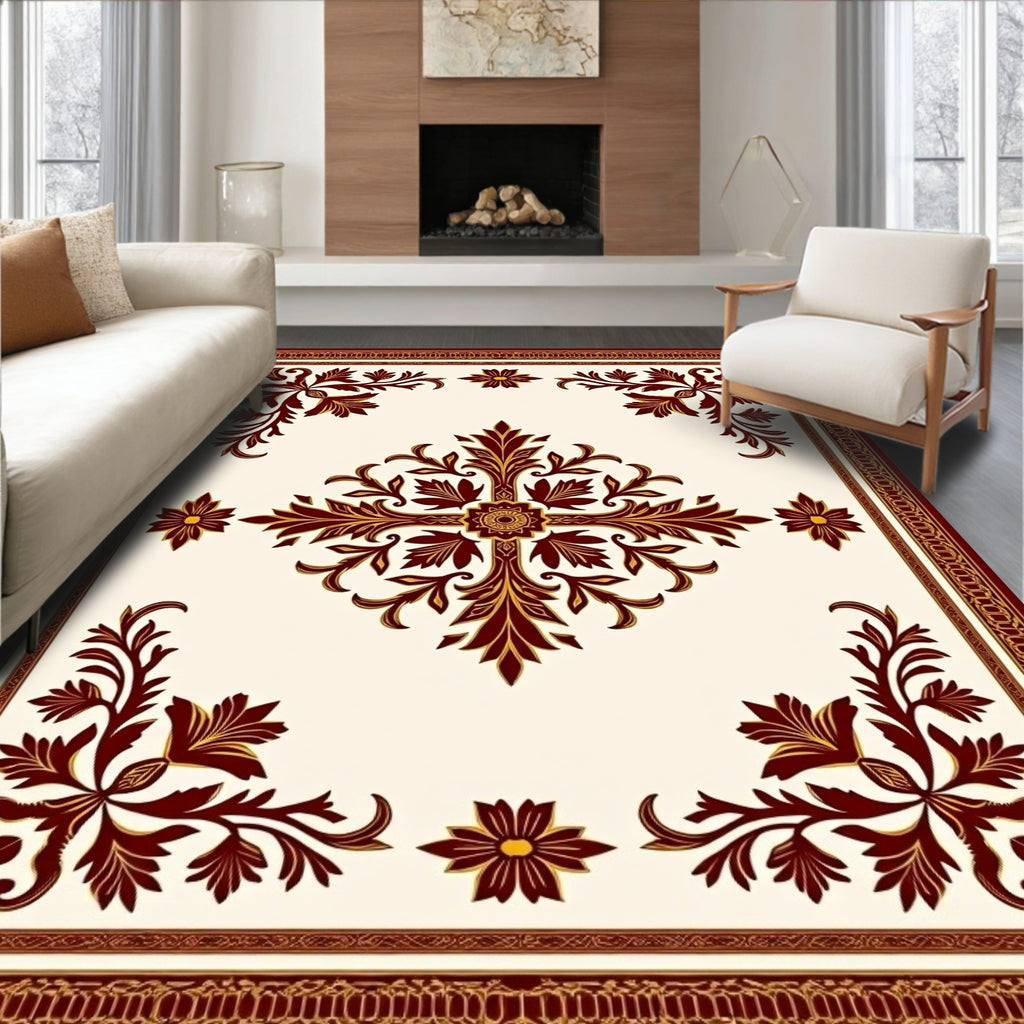 Elegant Burgundy and Gold Floral Medallion Rug
