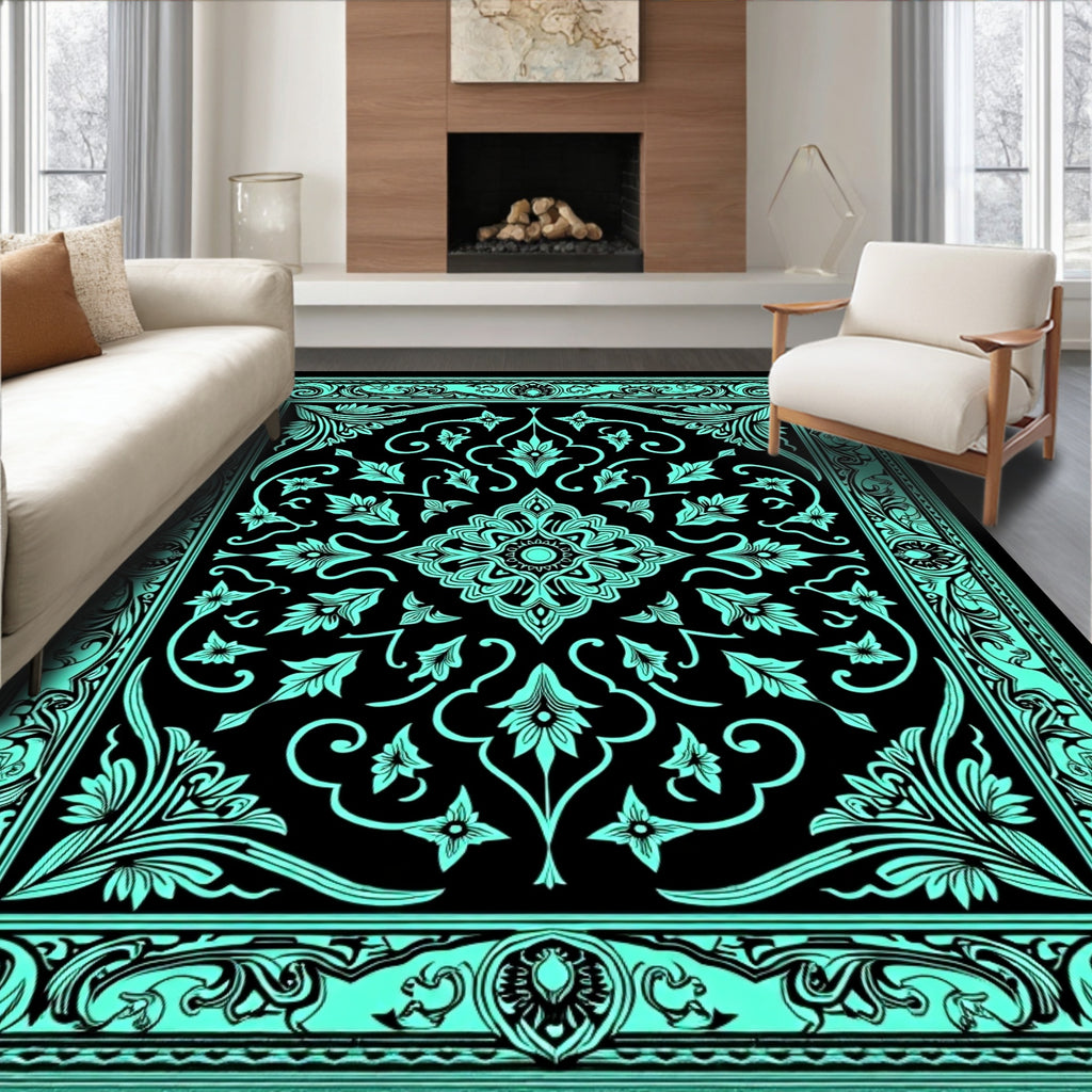 Aqua Black Vintage Floral Medallion Rug