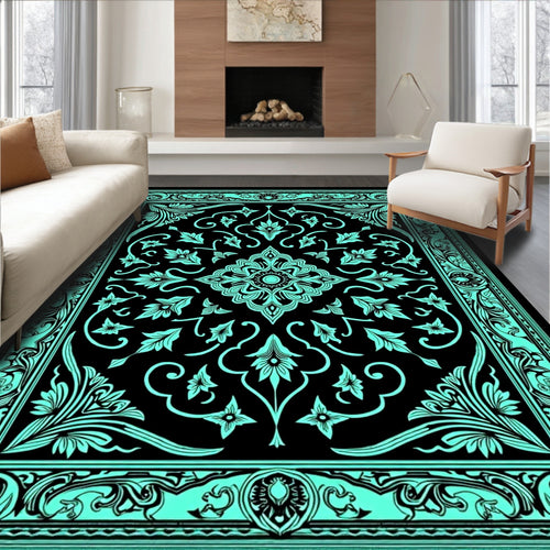 Aqua Black Vintage Floral Medallion Rug