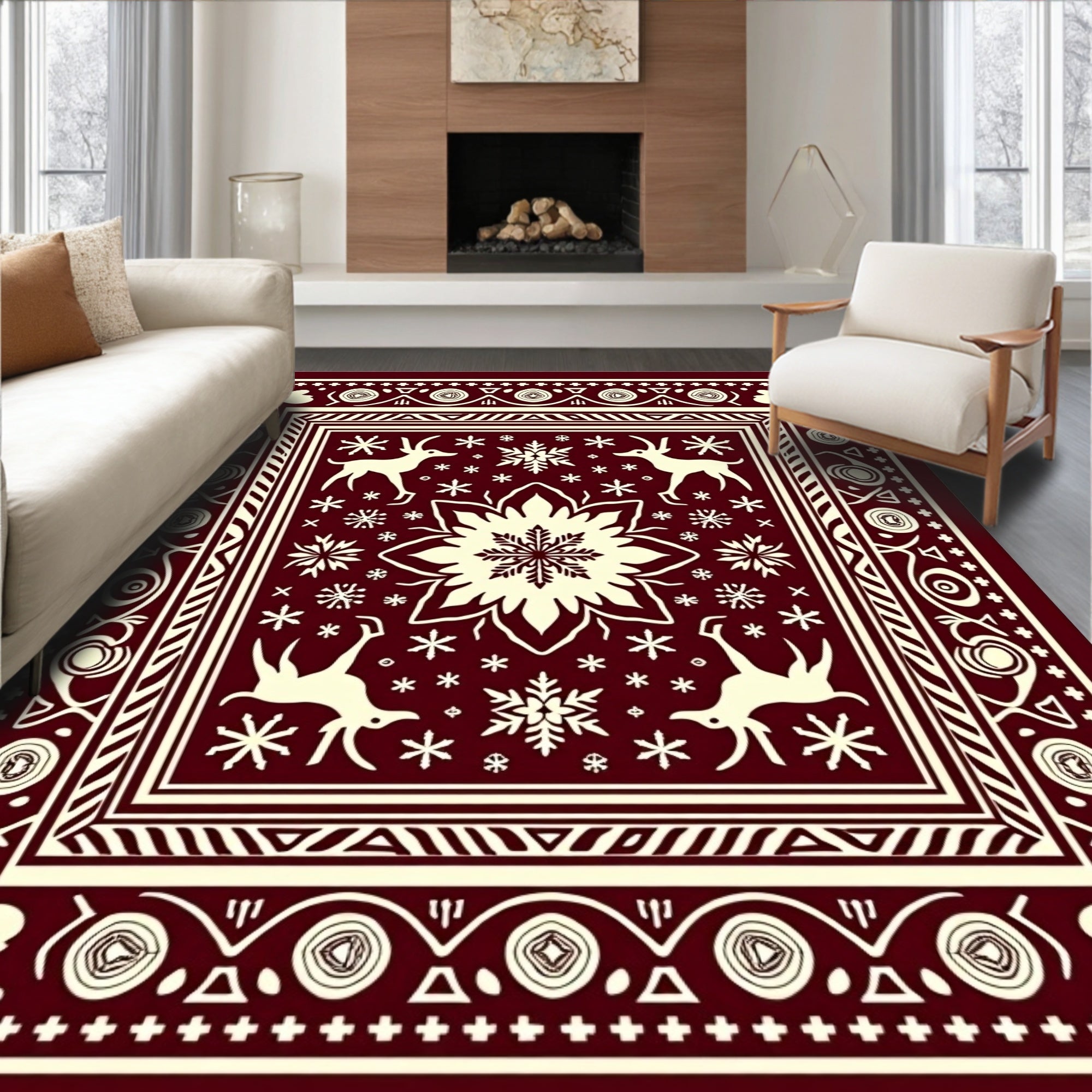 Crimson Reindeer Snowflake Folk Art Rug