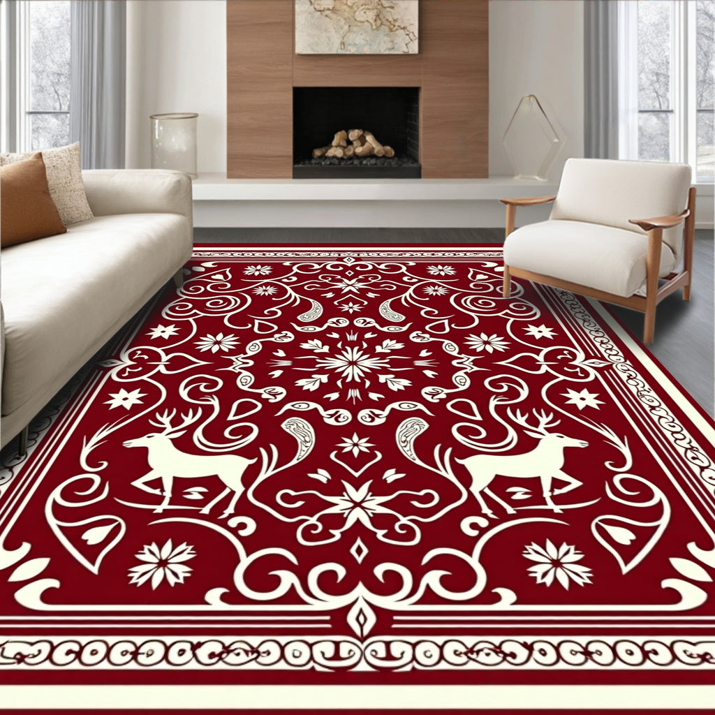 Crimson Deer Floral Mandala Rug