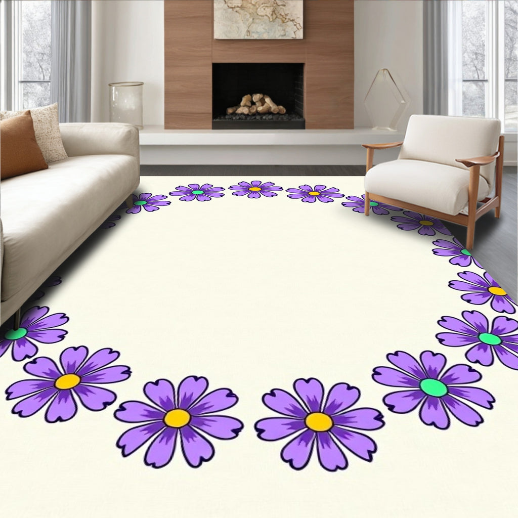 Purple Daisy Wreath Cream Background Rug
