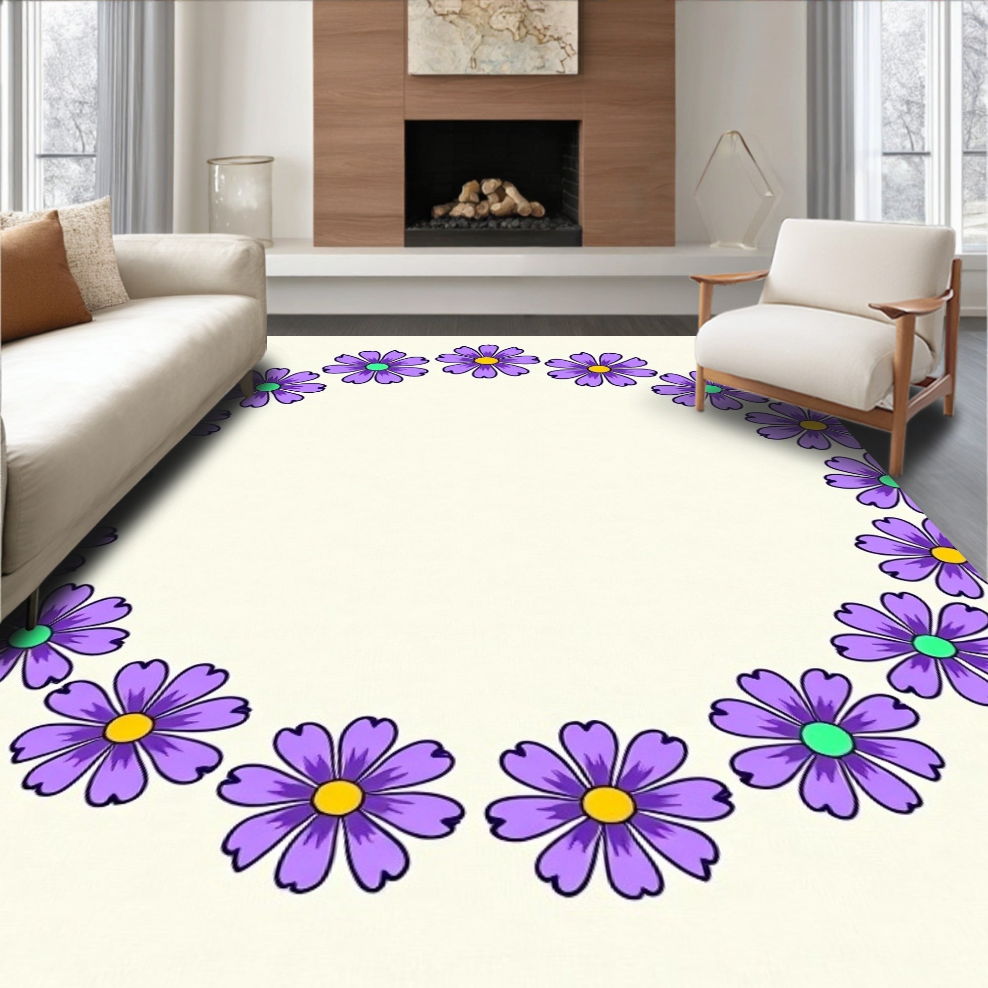 Purple Daisy Wreath Cream Background Rug