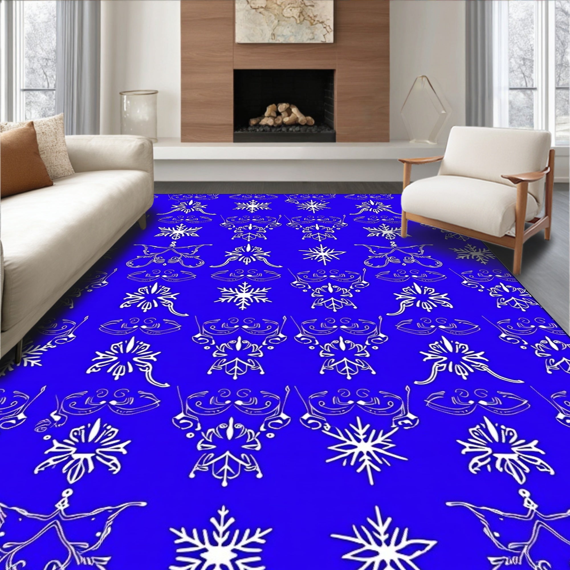 White Snowflake Scrollwork on Royal Blue Rug
