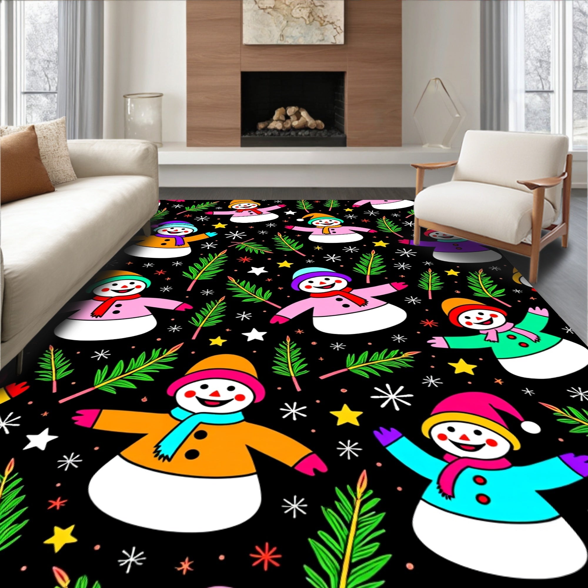 Happy Snowmen And Pine Sprigs Rug