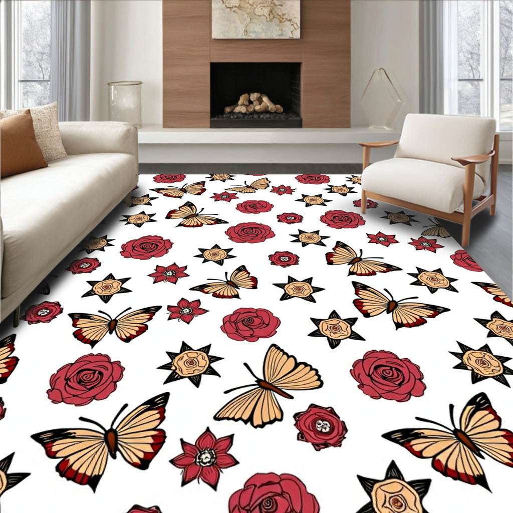 Burgundy Roses Golden Butterflies Scattered Rug
