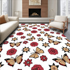 Burgundy Roses Golden Butterflies Scattered Rug