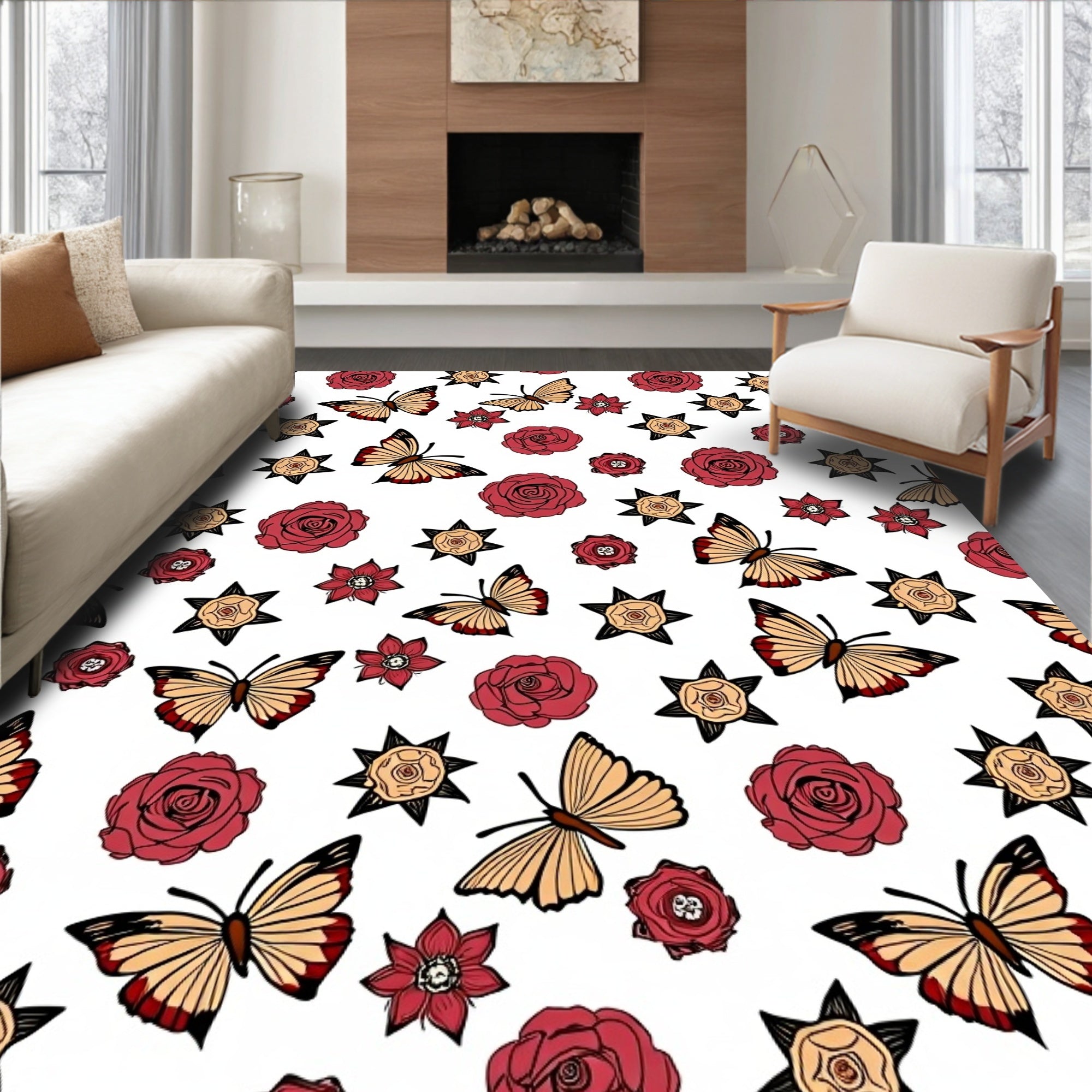 Burgundy Roses Golden Butterflies Scattered Rug