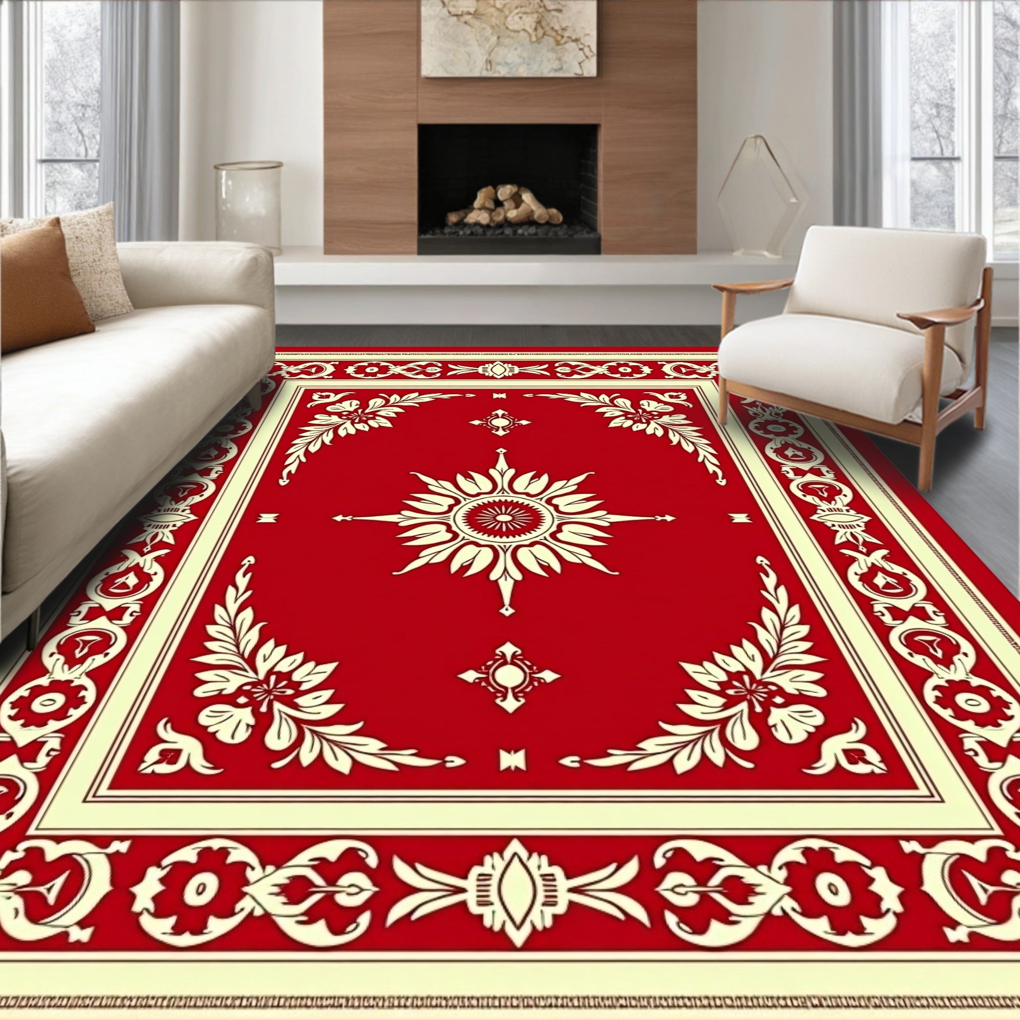 Crimson Cream Floral Sunburst Border Rug