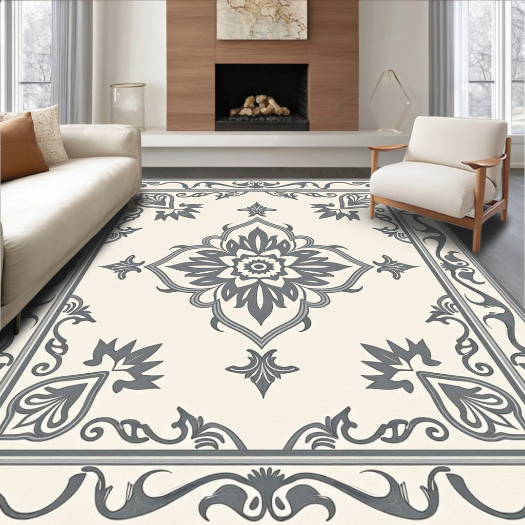 Classic Gray Floral Medallion Border Rug