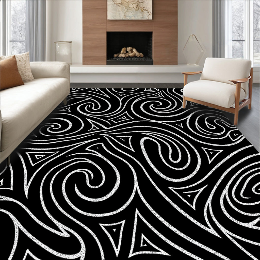 Black White Swirling Triangles Abstract Rug