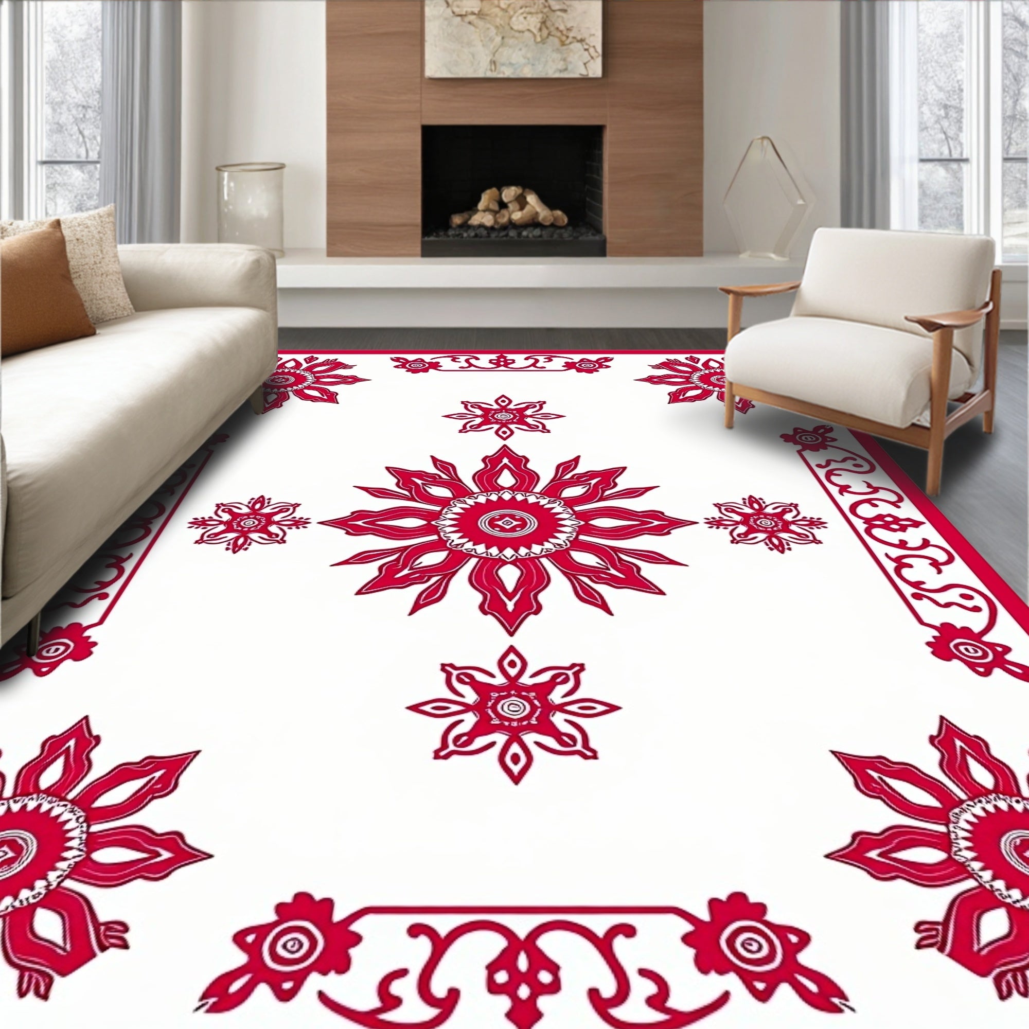 Crimson Floral Sunburst Arrangement Rug