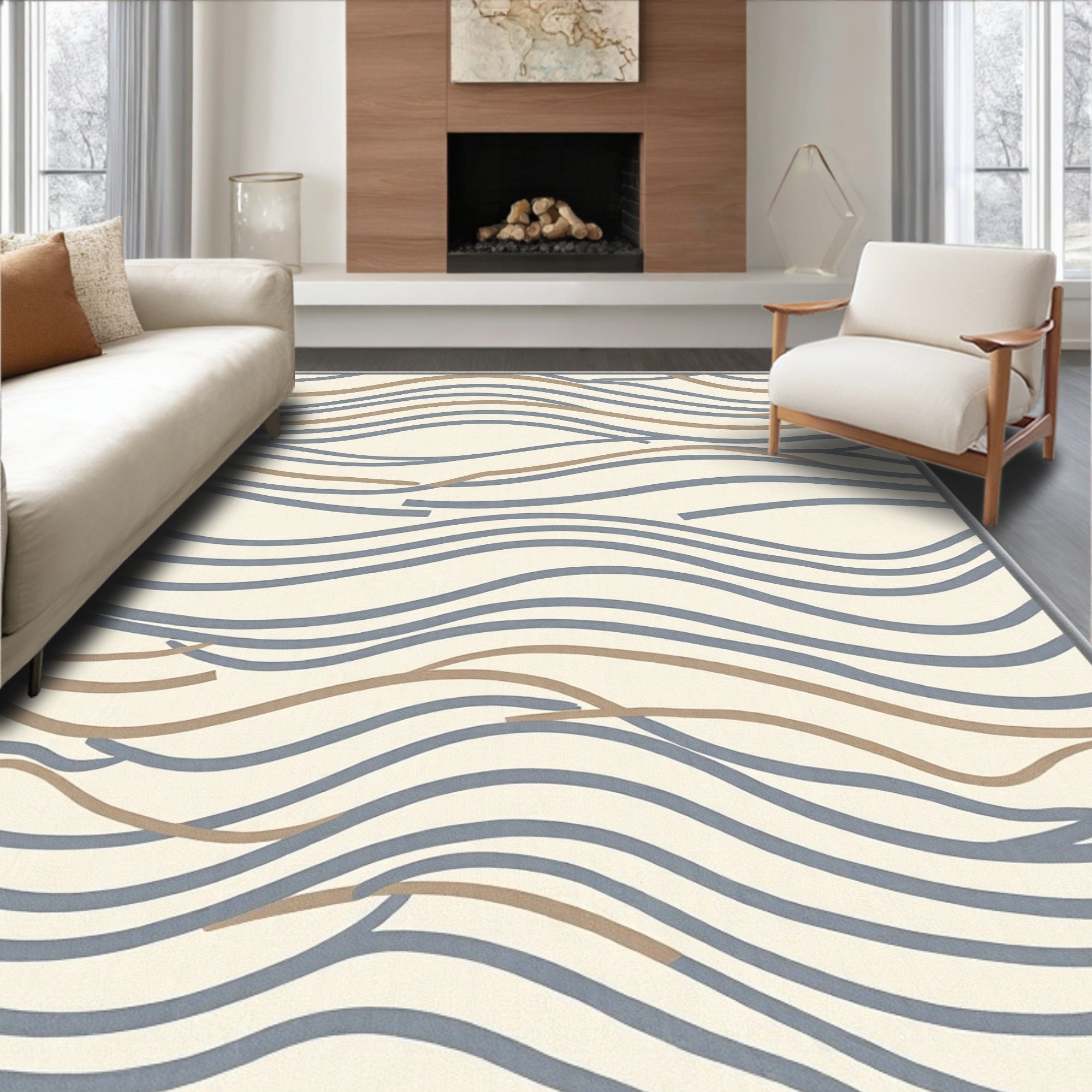 Cream Blue Tan Wavy Lines Rug
