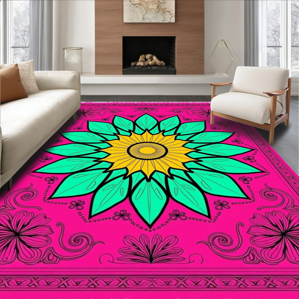 Vibrant Pink Teal Sunflower Medallion Rug