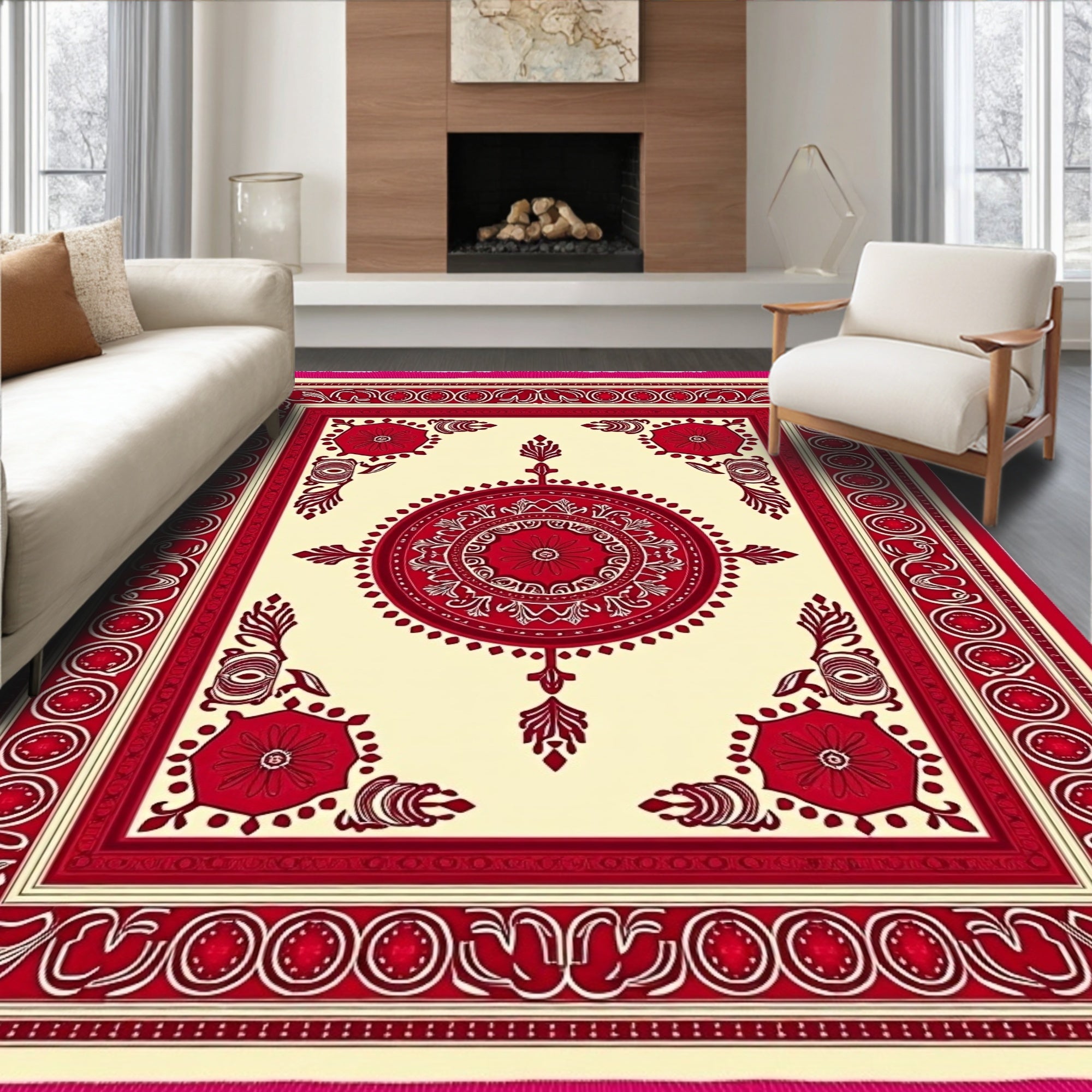 Crimson Red Floral Medallion Mandala Rug