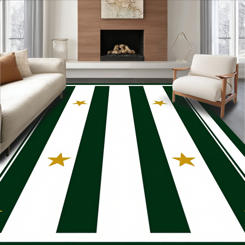 Elegant Green White Striped Star Rug