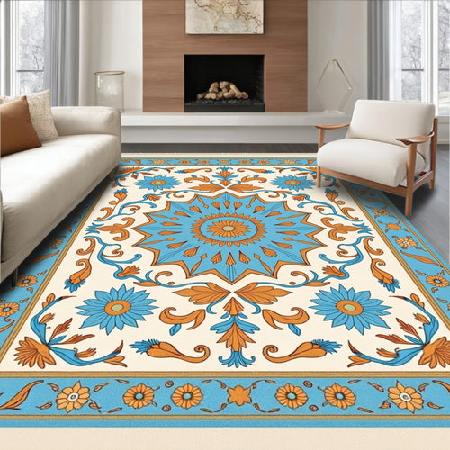 Aqua Orange Floral Star Medallion Rug