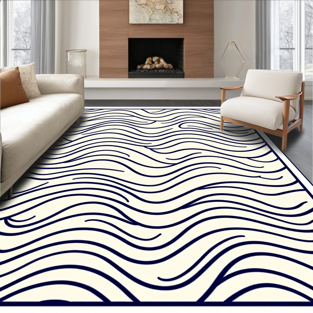 Cream Dark Blue Abstract Organic Lines Rug