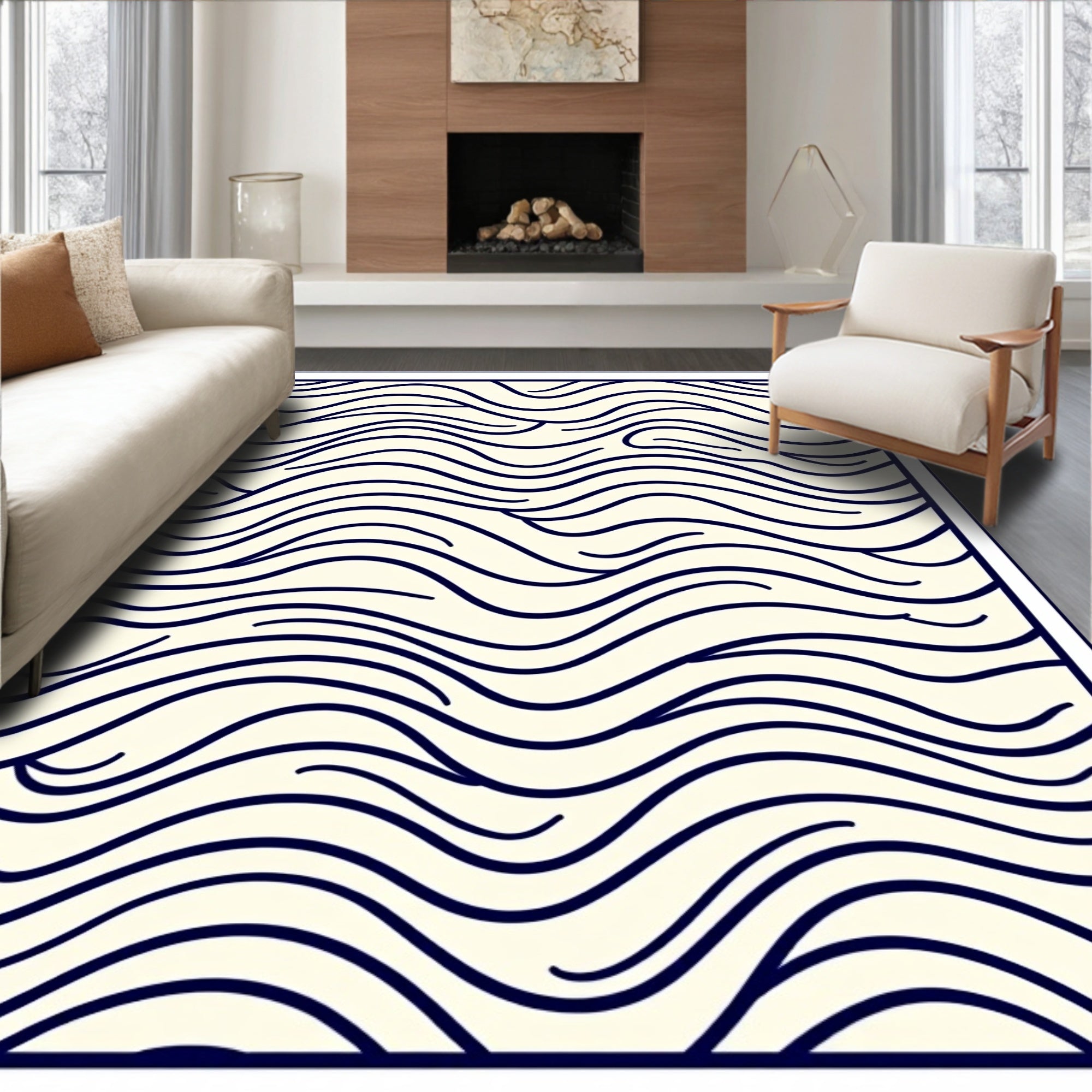 Cream Dark Blue Abstract Organic Lines Rug