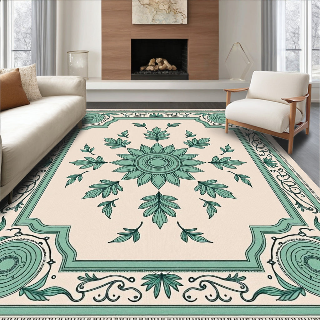 Teal Floral Medallion Frame Rug