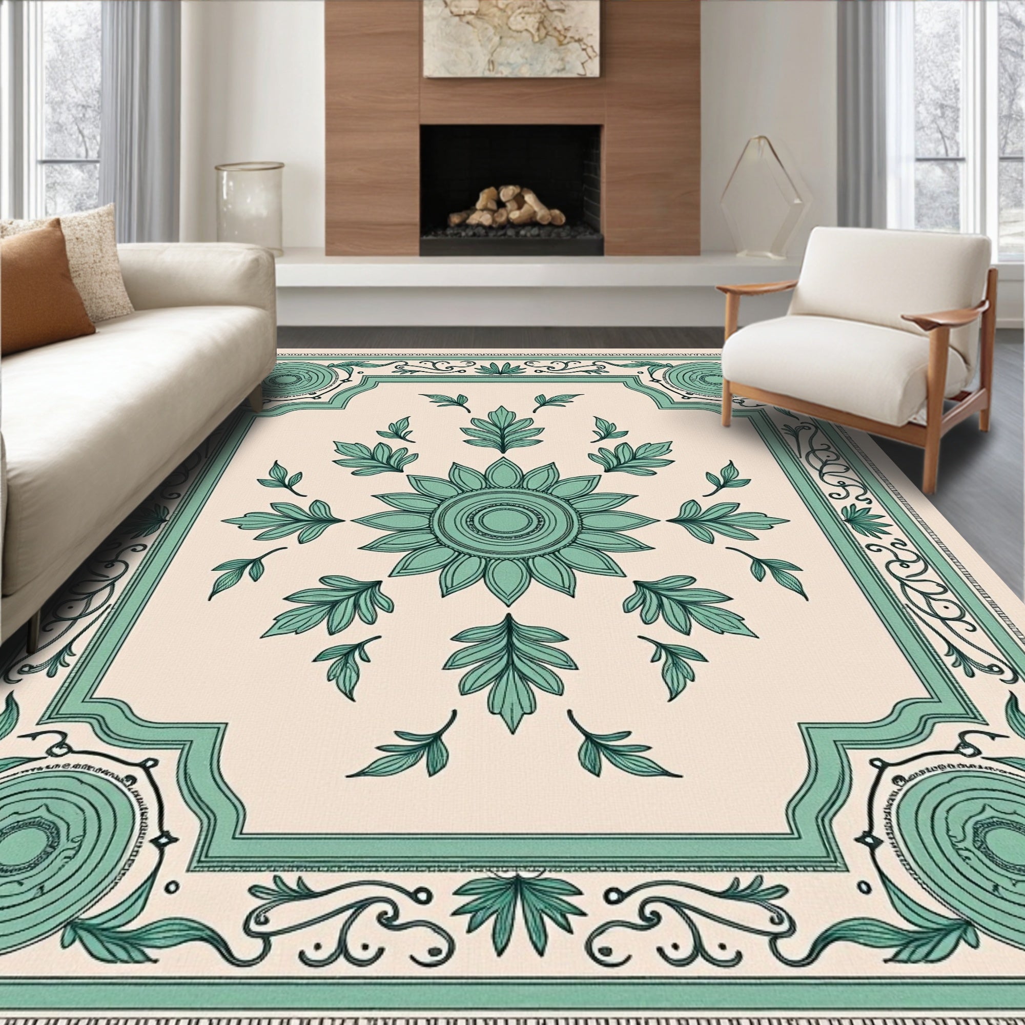 Teal Floral Medallion Frame Rug