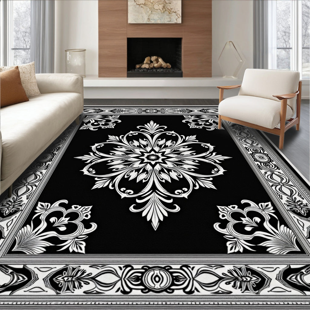 Black White Floral Medallion Damask Rug