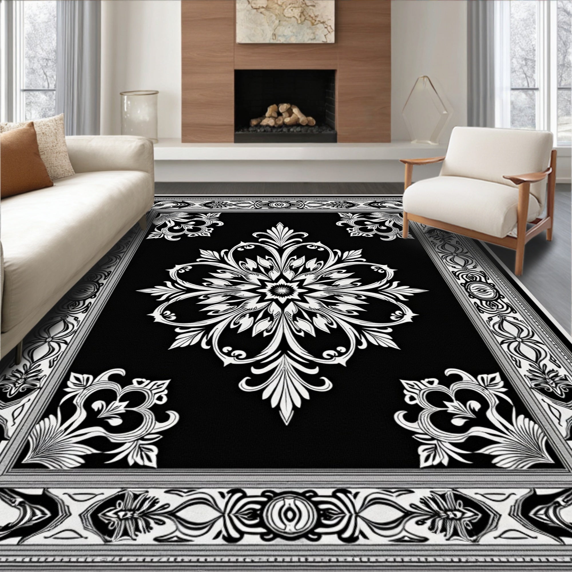 Black White Floral Medallion Damask Rug