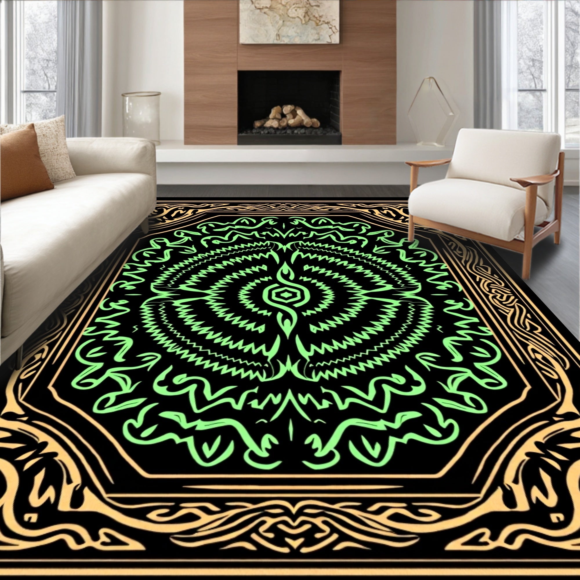 Luminous Green Abstract Inner Swirl Frame Rug