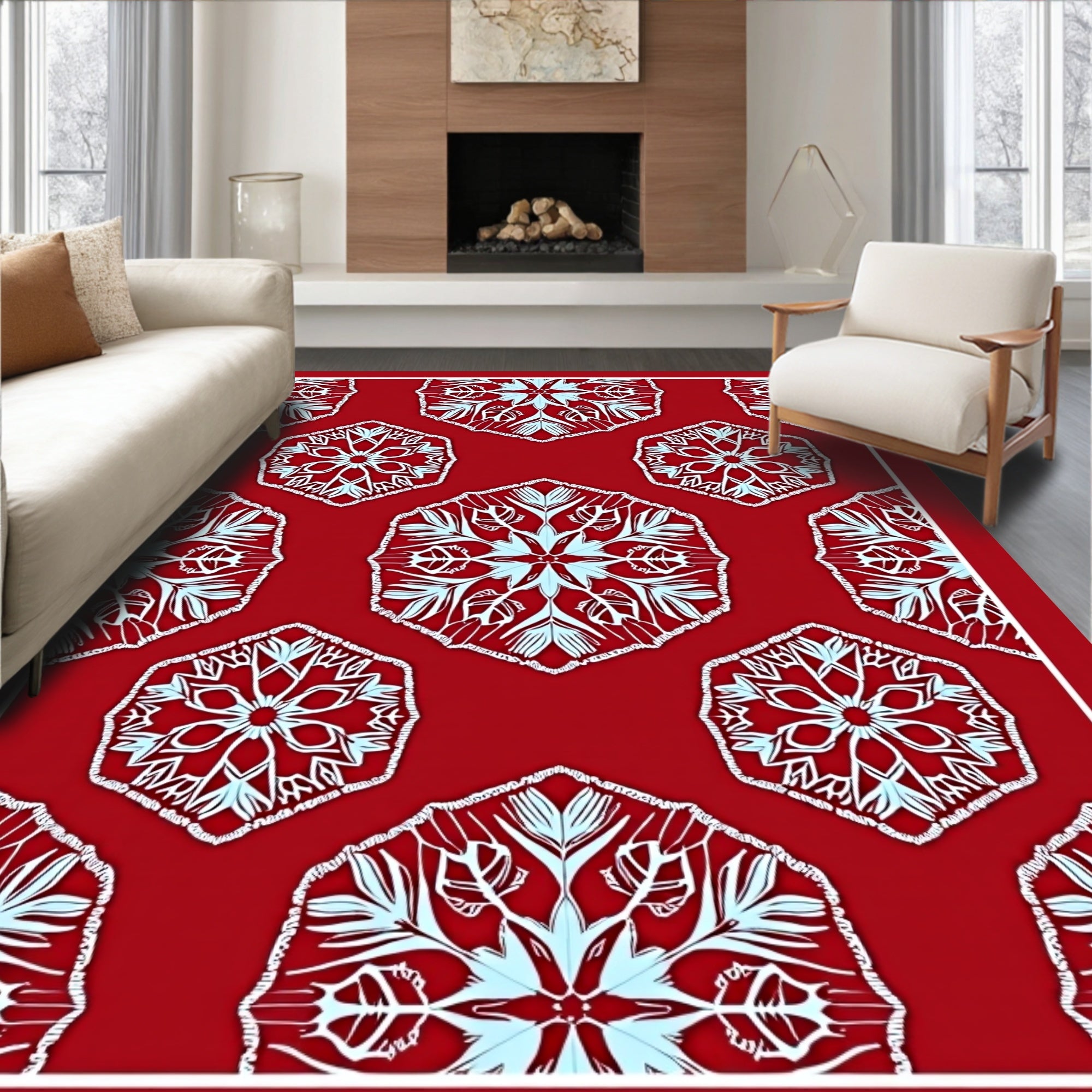 Crimson Hexagonal Snowflake Medallion Rug