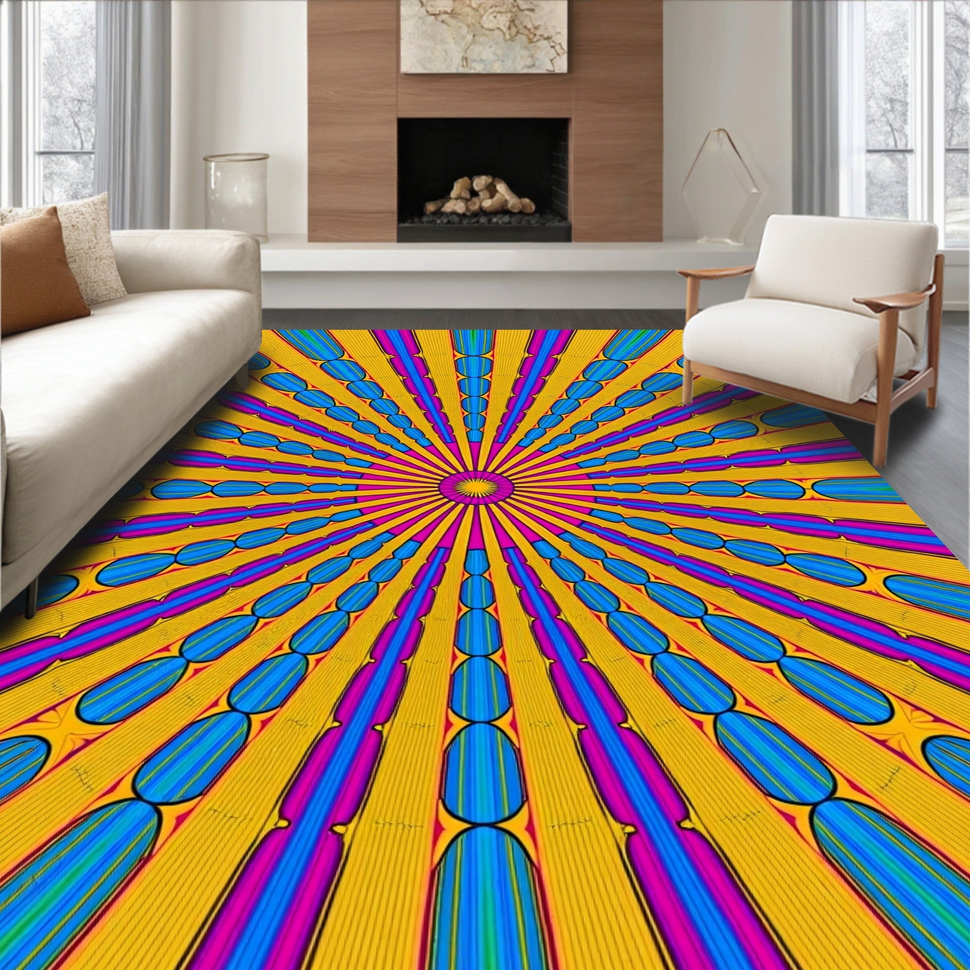 Vibrant Yellow Sunburst Oval Stripe Rug