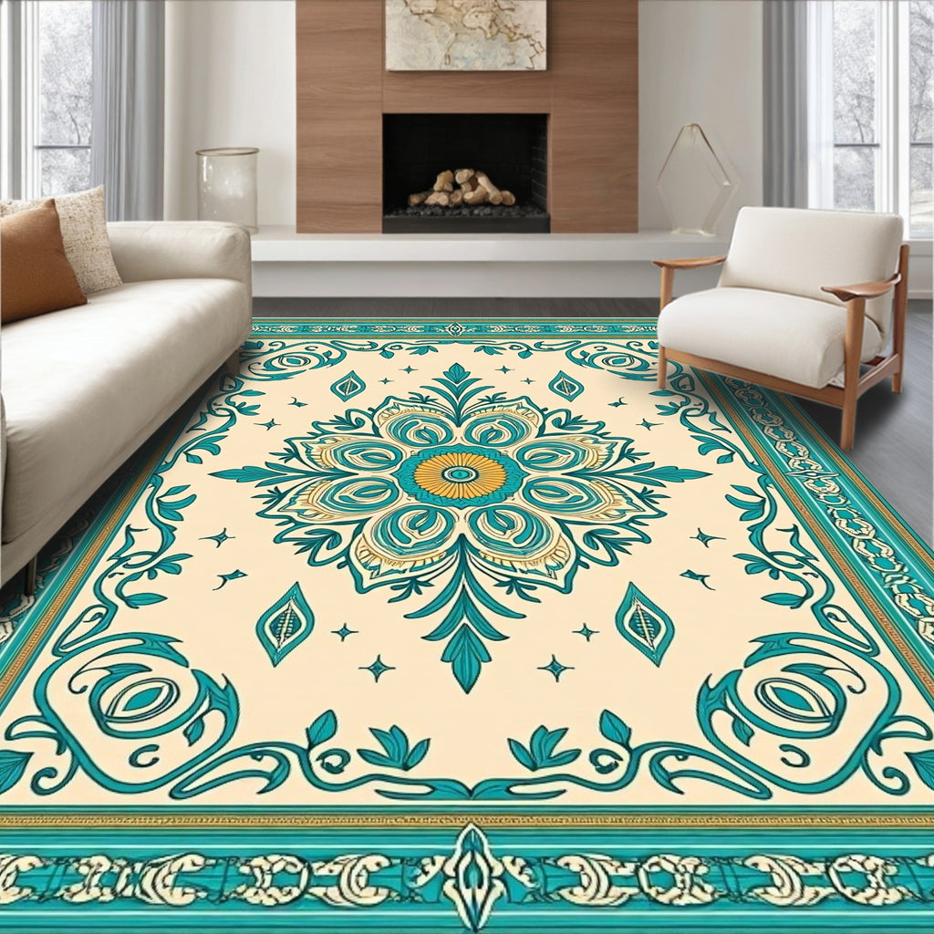 Teal Gold Medallion Floral Border Rug