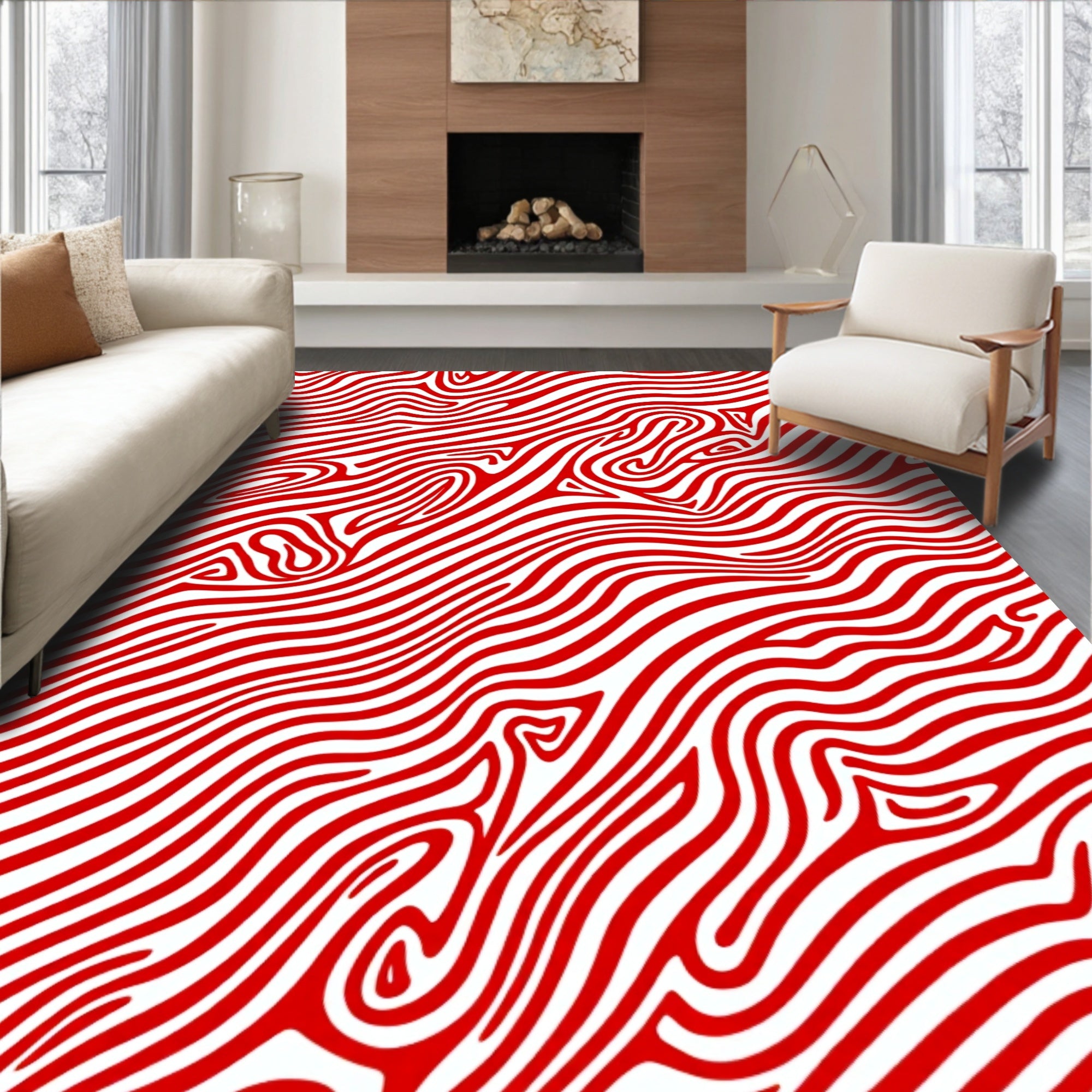 Crimson White Swirling Stripe Rug