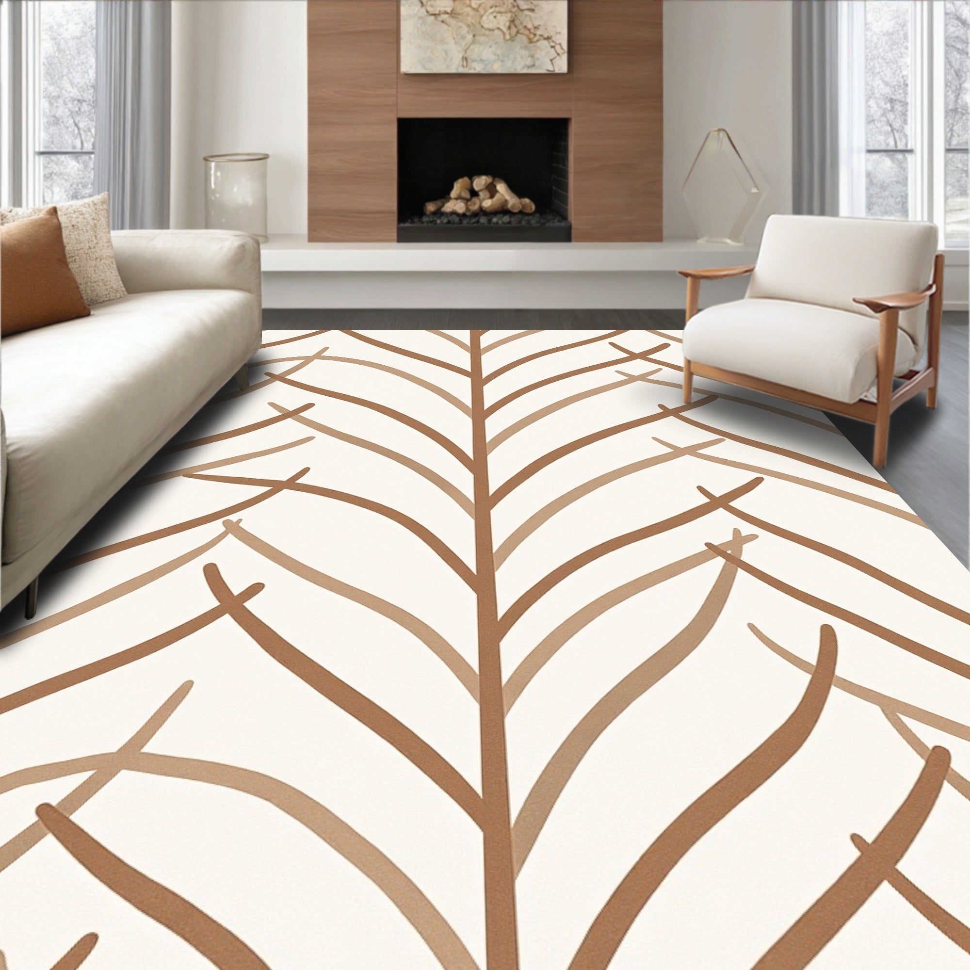 Earthy Tan Organic Leafy Branch Rug