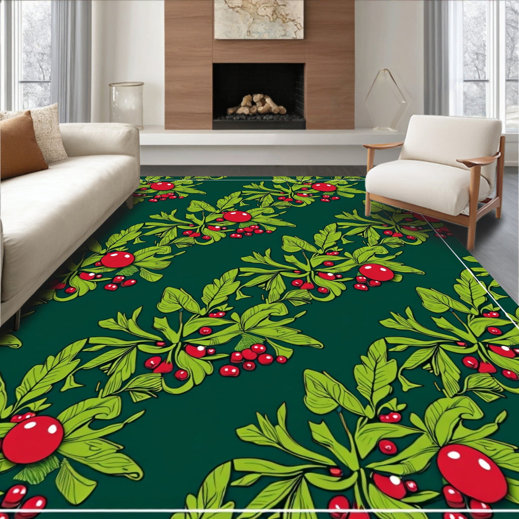 Dark Green Red Berry Leaf Garland Rug