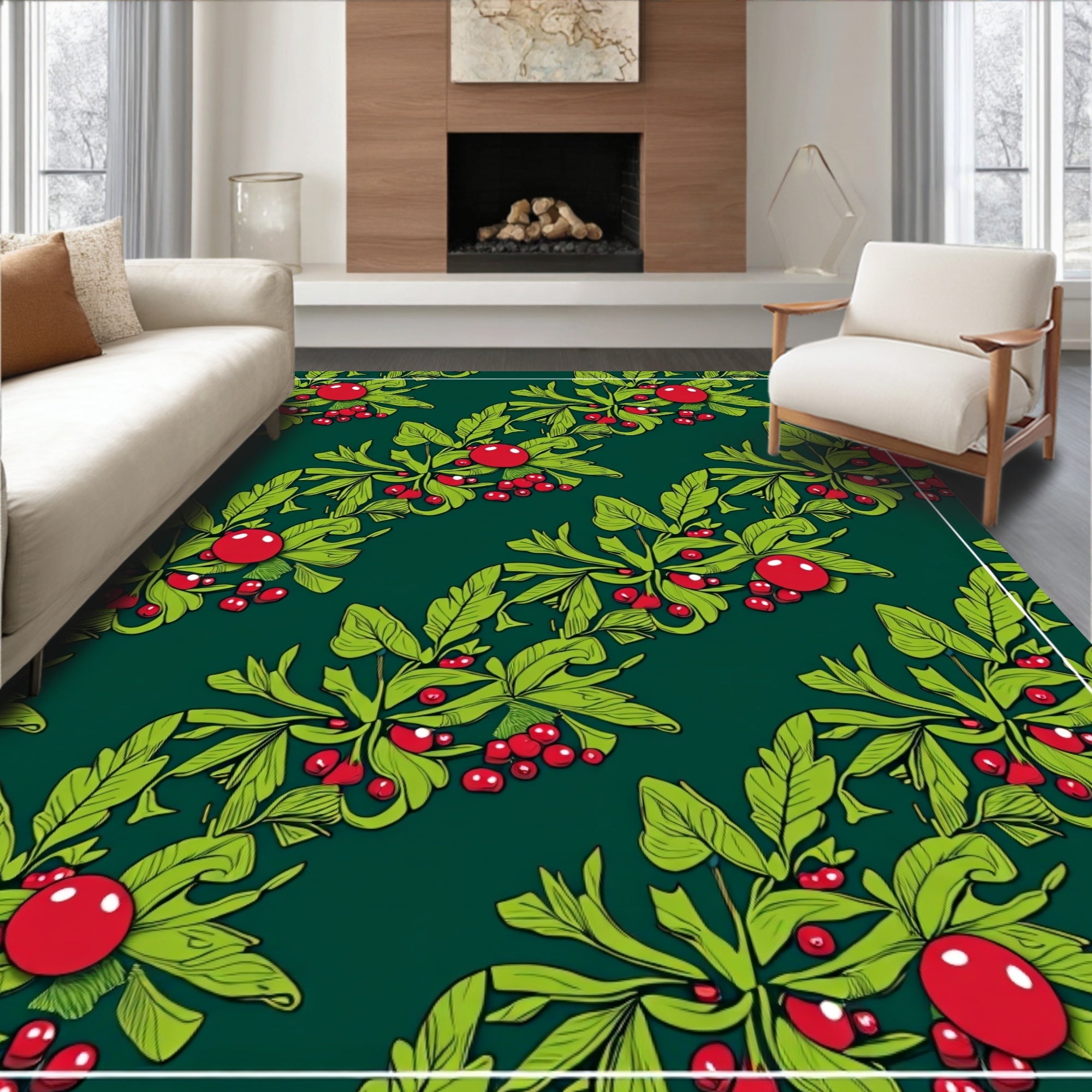 Dark Green Red Berry Leaf Garland Rug
