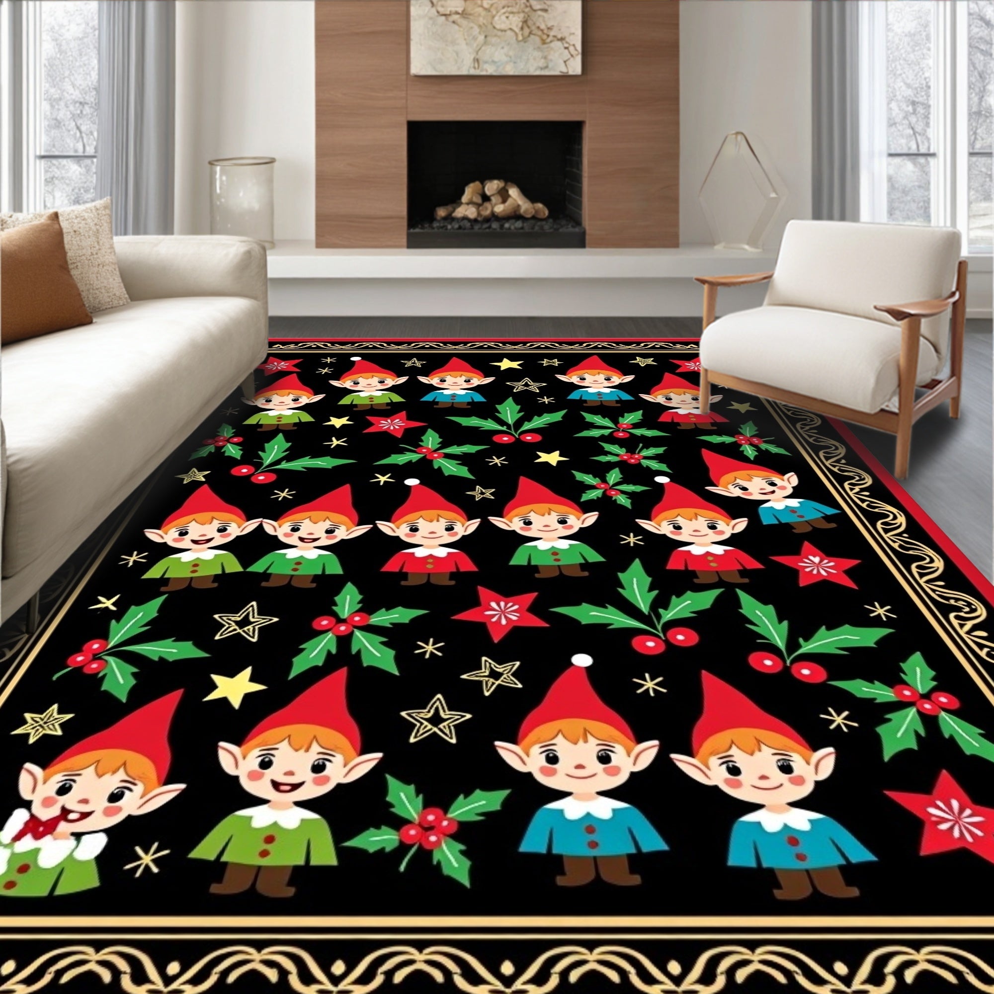 Festive Elf Holly Star Border Rug