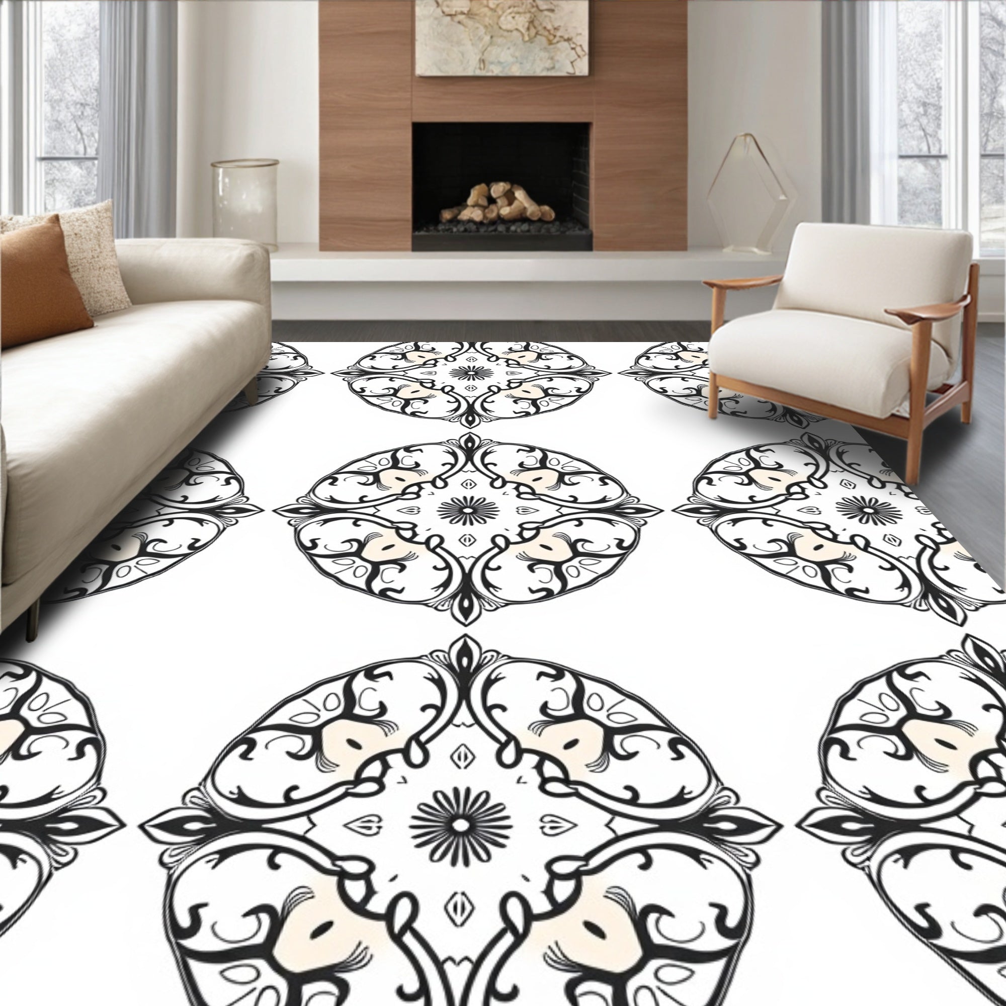 Cream Black Classic Medallion Rug