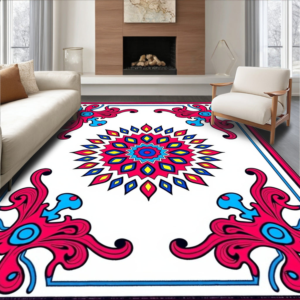 Vibrant Magenta Blue Sunburst Medallion Rug
