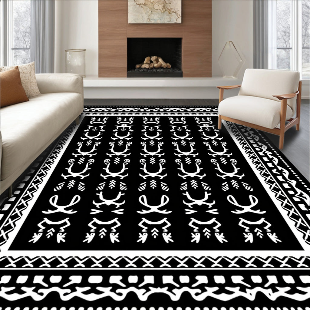 Tribal Black White Figures Border Rug